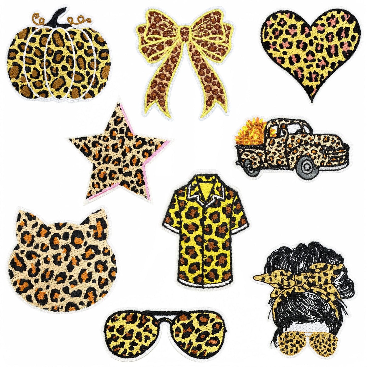 SUPERVALUECHOICE HCSEYSB00001 9 Pack Leopard Print Fall Iron On Patches Pumpkin Bow Heart Star Sunflower Truck Embroidered Appliques for Denim Jacket Hat Backpack DIY Decor