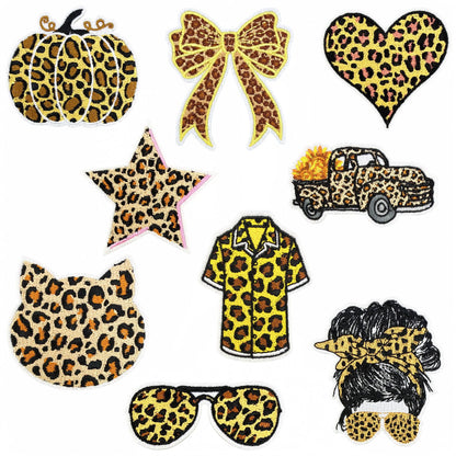 SUPERVALUECHOICE HCSEYSB00001 9 Pack Leopard Print Fall Iron On Patches Pumpkin Bow Heart Star Sunflower Truck Embroidered Appliques for Denim Jacket Hat Backpack DIY Decor