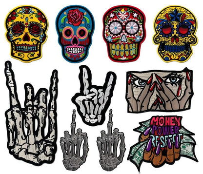 SUPERVALUECHOICE HCSEYSB00028 9Pcs Sugar Skull Skeleton Hand Embroidered Iron On Patches Gothic Streetwear Clothing Appliques