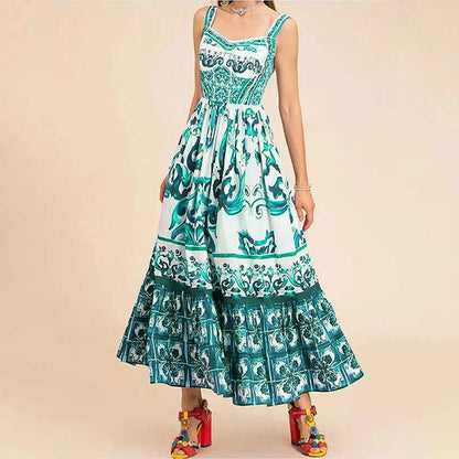SVCD000007 Printed square collar halter dress with pleated, slimming and large swing in European and American style