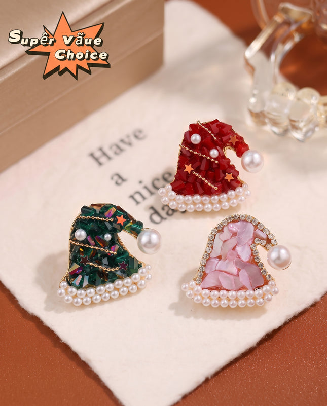 SUPERVALUECHOICE HCSESA00109 Elegant Christmas Santa Hat Brooch, Luxury Pearl & Crystal Holiday Pin, Delicate Festive Accessory & Creative Gift