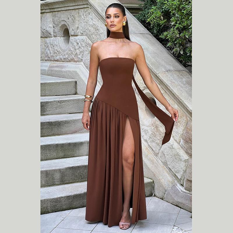 SVCD000037 Sexy and elegant solid-color side-slit strapless dress with a scarf collar