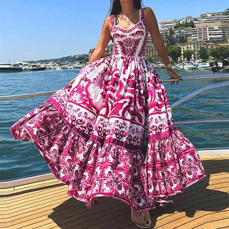 SVCD000007 Printed square collar halter dress with pleated, slimming and large swing in European and American style