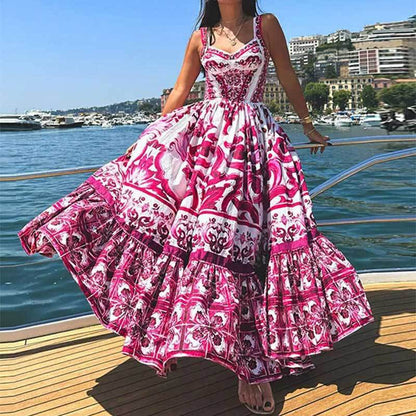SVCD000007 Printed square collar halter dress with pleated, slimming and large swing in European and American style
