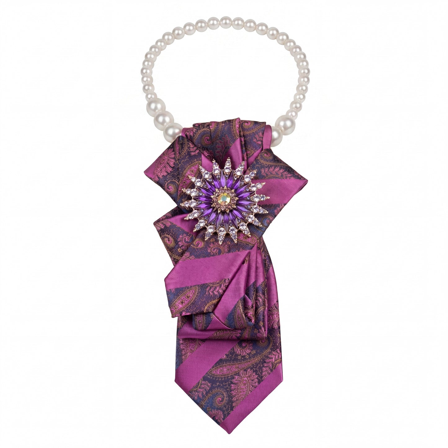 SUPÊR VÃLUE CHOICE #HCSEZ0001 Purple Satin Statement Tie with Butterfly Brooch | Pearl Collar Embellished Tie | Elegant Women's Neck Tie Accessory