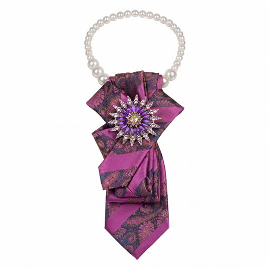 SUPÊR VÃLUE CHOICE #HCSEZ0001 Purple Satin Statement Tie with Butterfly Brooch | Pearl Collar Embellished Tie | Elegant Women's Neck Tie Accessory
