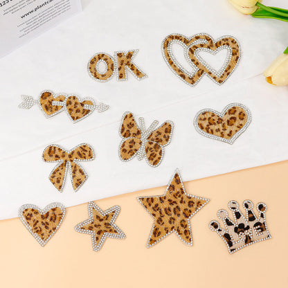 SUPERVALUECHOICE HCSEYSF00006 Western Furry Leopard Pattern Crystal Edge Embroidered Patch Assortment Heart Arrow Star Crown Bow Iron On Appliques for Jacket Customization