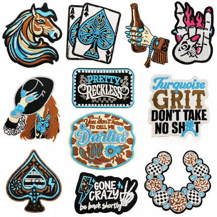 SUPERVALUECHOICE HCSEYSB000029 22Pcs Turquoise Western Cowboy Embroidered Iron On Patches Country Style Clothing DIY Appliques