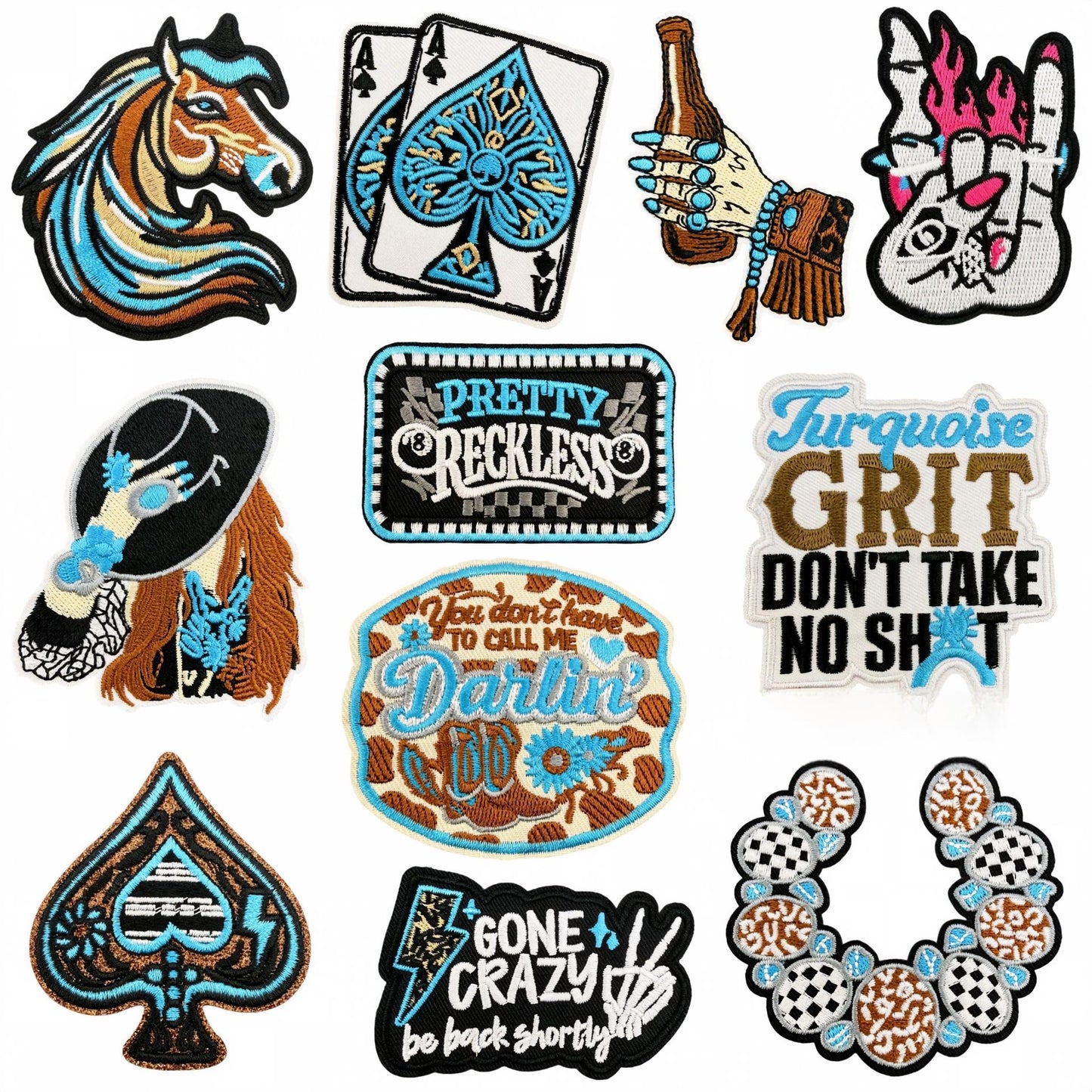 SUPERVALUECHOICE HCSEYSB000029 22Pcs Turquoise Western Cowboy Embroidered Iron On Patches Country Style Clothing DIY Appliques