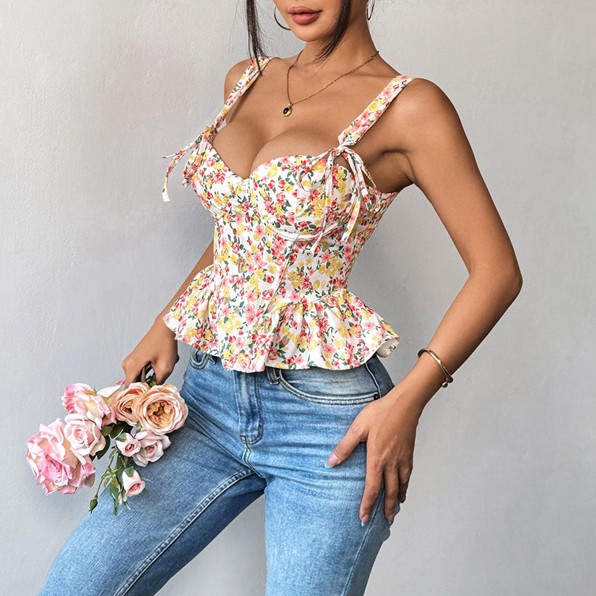 SVCST000017 Adjustable floral lace-up, fishbone corset, cinched waist, ruffled strappy vest