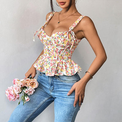 SVCST000017 Adjustable floral lace-up, fishbone corset, cinched waist, ruffled strappy vest