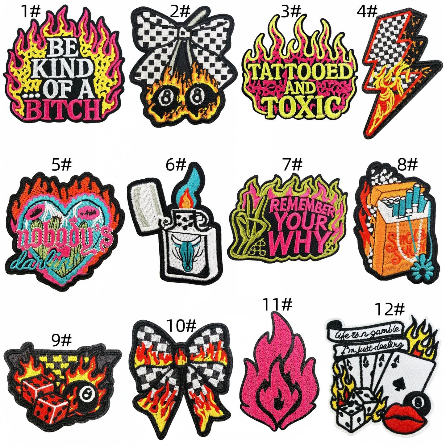 SUPERVALUECHOICE HCSEYSB00023 12Pcs Flame Punk Slogan Embroidered Iron On Patches Edgy Streetwear Clothing Decor Appliques