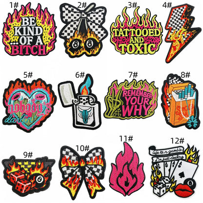 SUPERVALUECHOICE HCSEYSB00023 12Pcs Flame Punk Slogan Embroidered Iron On Patches Edgy Streetwear Clothing Decor Appliques