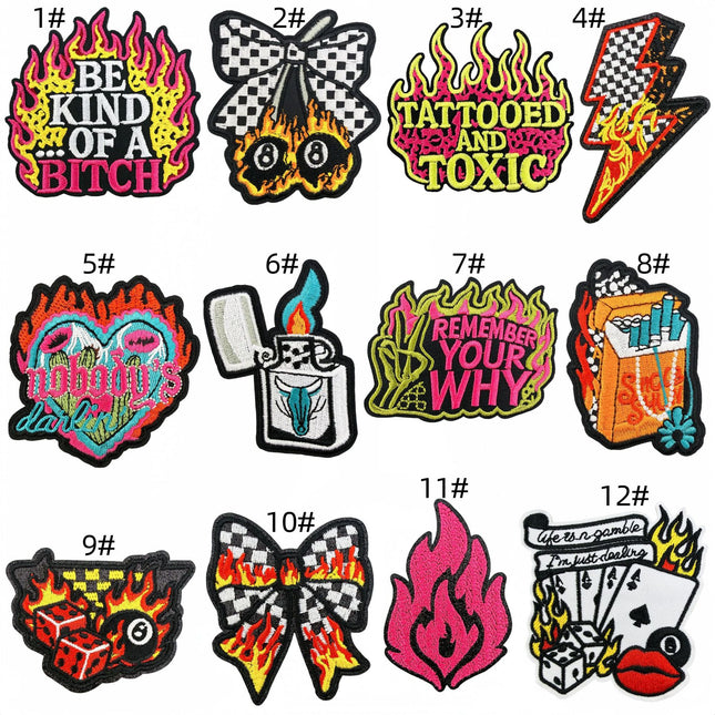 SUPERVALUECHOICE HCSEYSB00023 12Pcs Flame Punk Slogan Embroidered Iron On Patches Edgy Streetwear Clothing Decor Appliques