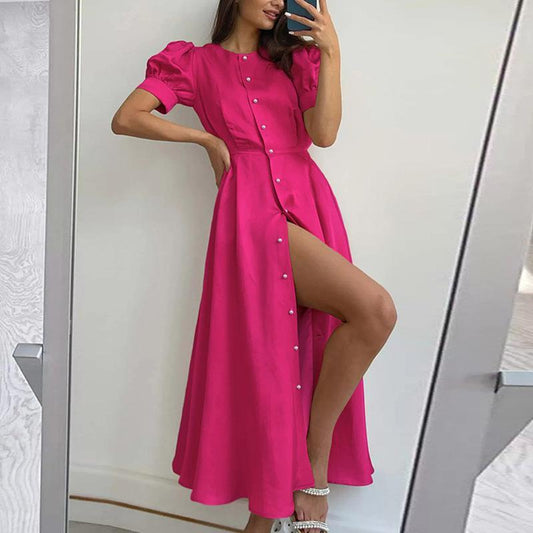 SVCD000023 High-waisted, solid color, fashionable, and slit European and American dress with a feminine style for commuting