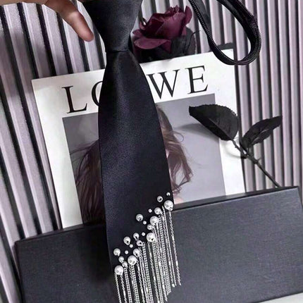 SUPERVALUECHOICE HCSEZC00002 Elegant Black Necktie Adjustable Pre-Tied Silk Necklace with Pearl Rhinestone Tassels for School Wedding Cosplay Party