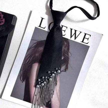 SUPERVALUECHOICE HCSEZC00002 Elegant Black Necktie Adjustable Pre-Tied Silk Necklace with Pearl Rhinestone Tassels for School Wedding Cosplay Party