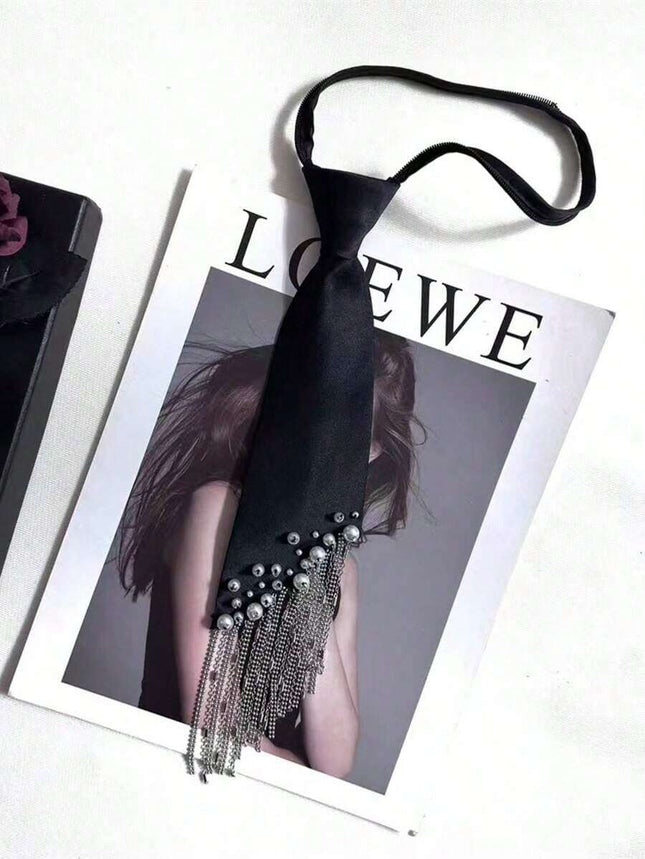 SUPERVALUECHOICE HCSEZC00002 Elegant Black Necktie Adjustable Pre-Tied Silk Necklace with Pearl Rhinestone Tassels for School Wedding Cosplay Party