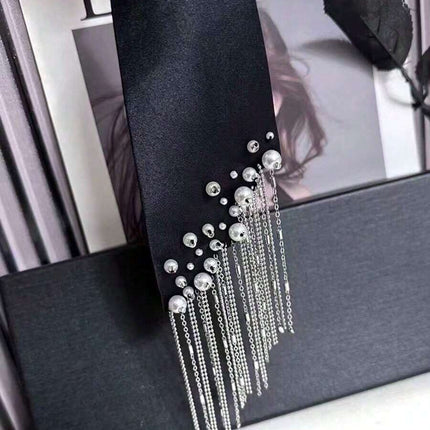 SUPERVALUECHOICE HCSEZC00002 Elegant Black Necktie Adjustable Pre-Tied Silk Necklace with Pearl Rhinestone Tassels for School Wedding Cosplay Party