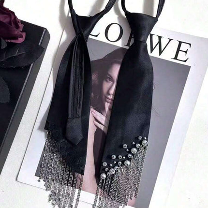 SUPERVALUECHOICE HCSEZC00002 Elegant Black Necktie Adjustable Pre-Tied Silk Necklace with Pearl Rhinestone Tassels for School Wedding Cosplay Party