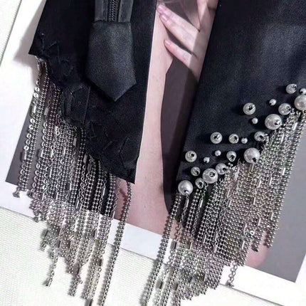 SUPERVALUECHOICE HCSEZC00002 Elegant Black Necktie Adjustable Pre-Tied Silk Necklace with Pearl Rhinestone Tassels for School Wedding Cosplay Party