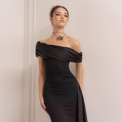 SVCD000049 Single-shoulder net tulle ribbon dress, a new stylish and form-fitting black long dress in an ins European and American style