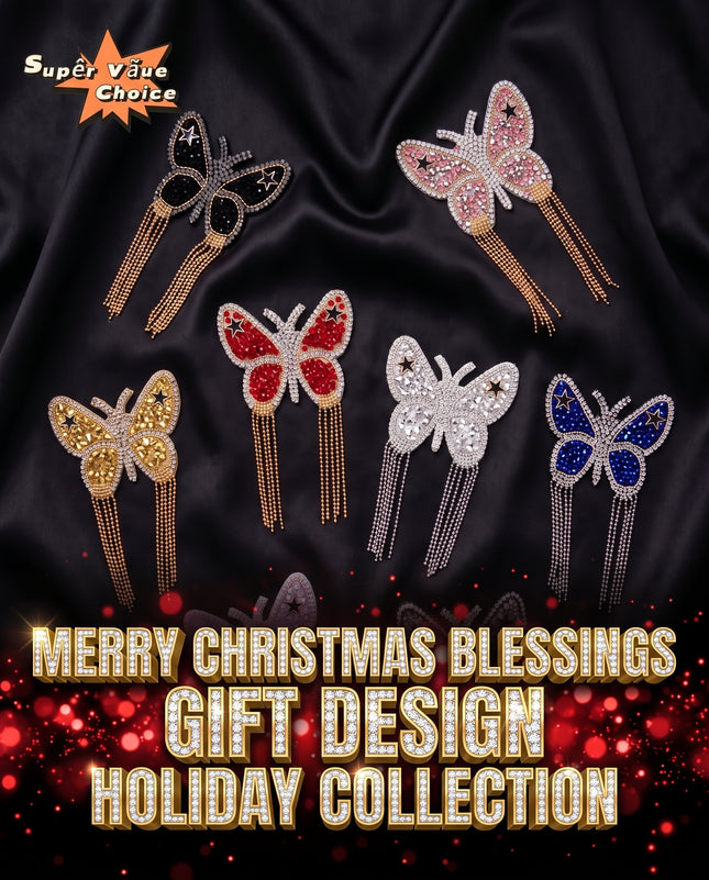 SUPERVALUECHOICE CHRISTMAS HCSEYD00046 Handmade Rhinestone Butterfly Applique, Hotfix Backed Crystal Beaded Patch for Christmas Holiday Garment, Formal Dress & Costume Embellishment 2.68 in × 4.53 in