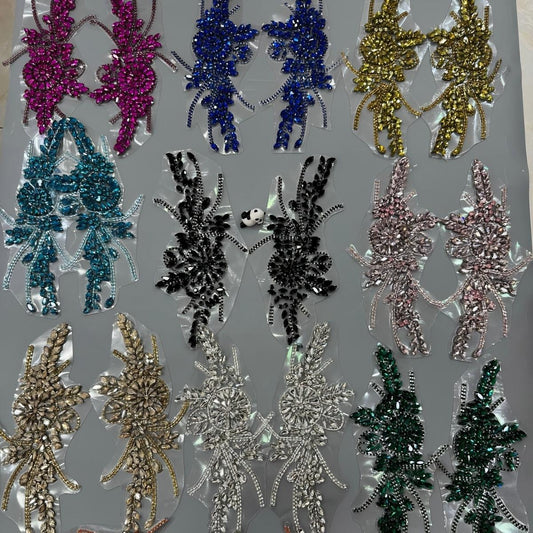 SUPÊR VÃLUE CHOICE  HCSEYD00004  Two Pieces Matching Rhinestone Floral Leaf Applique Multi Color Crystal Beaded Sew On Patch for Stage Costume Wedding Dress Qipao DIY Craft Supply 10.62"×4.72"