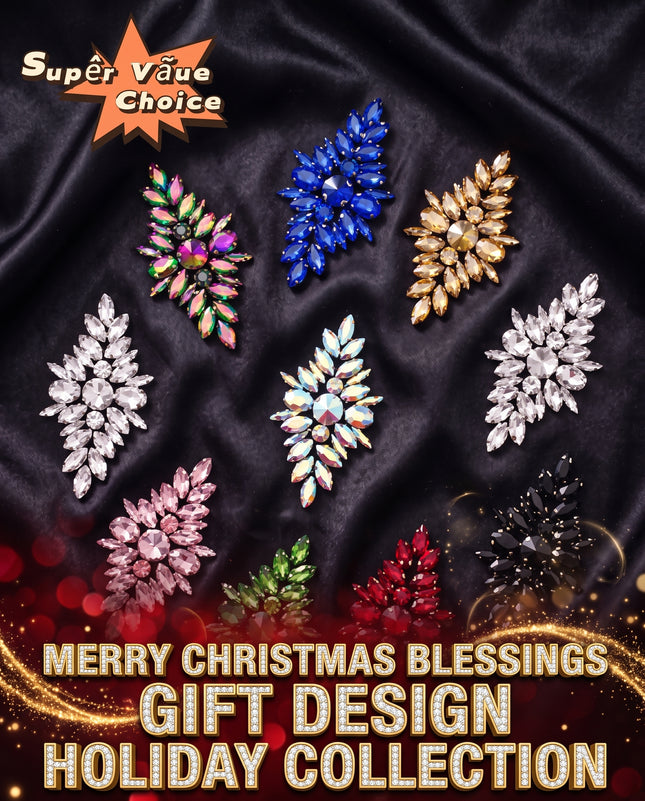 SUPERVALUECHOICE CHRISTMAS HCSEYD00045 Handmade Rhinestone Applique, Hotfix Backed Crystal Beaded Patch for Christmas Holiday Garment, Formal Dress & Costume Embellishment 3.74 in × 1.97 in