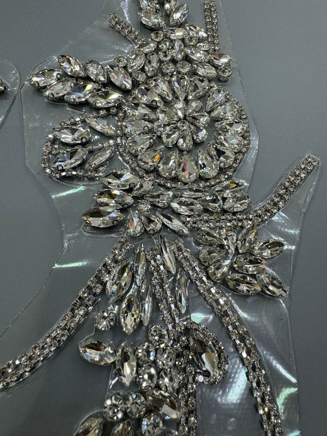 SUPÊR VÃLUE CHOICE  HCSEYD00004  Two Pieces Matching Rhinestone Floral Leaf Applique Multi Color Crystal Beaded Sew On Patch for Stage Costume Wedding Dress Qipao DIY Craft Supply 10.62"×4.72"
