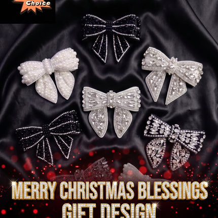 SUPERVALUECHOICE CHRISTMAS HCSEYD00043 Handmade Rhinestone Pearl Bow Applique, Sew On Bow Patch for Christmas Outfit, Formal Dress, Costume & Holiday Garment Embellishment