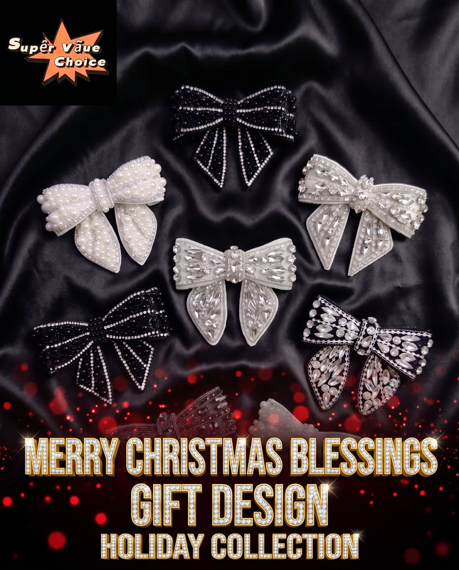 SUPERVALUECHOICE CHRISTMAS HCSEYD00043 Handmade Rhinestone Pearl Bow Applique, Sew On Bow Patch for Christmas Outfit, Formal Dress, Costume & Holiday Garment Embellishment