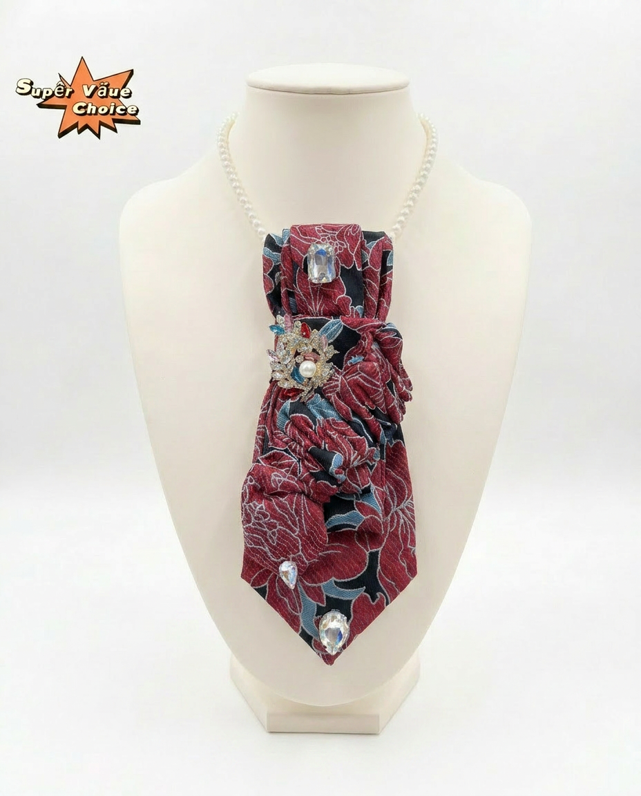 SUPERVALUECHOICE HCSEZA00035 Floral Necktie with Multicolor Crystal Brooch - Ideal for Parties & Night Outs