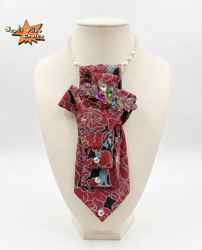 SUPERVALUECHOICE HCSEZA00037 Red Floral Necktie with Multicolor Rhinestone Brooch - For Parties & Special Events