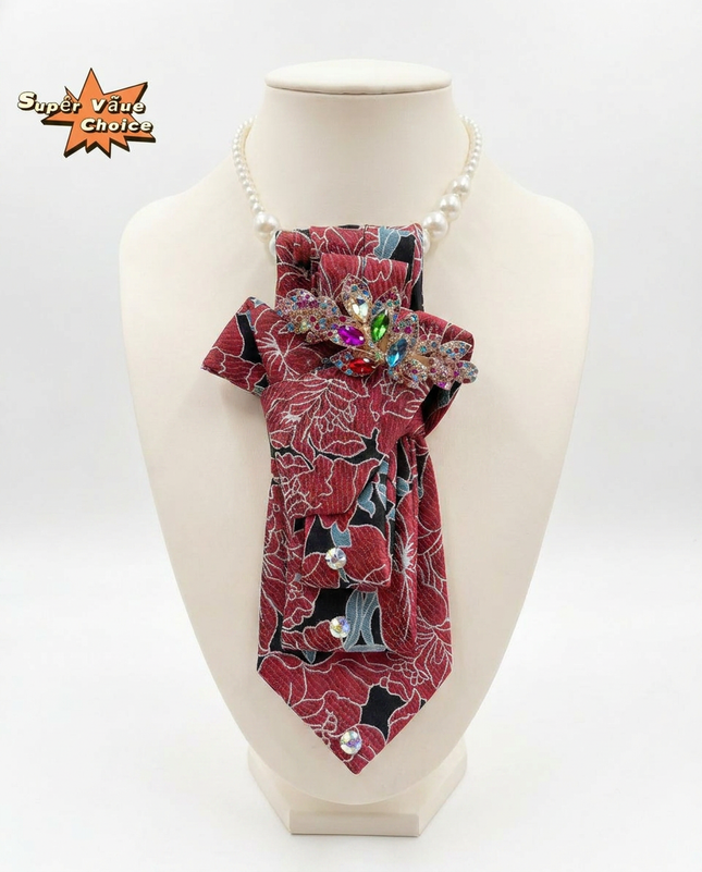 SUPERVALUECHOICE HCSEZA00037 Red Floral Necktie with Multicolor Rhinestone Brooch - For Parties & Special Events