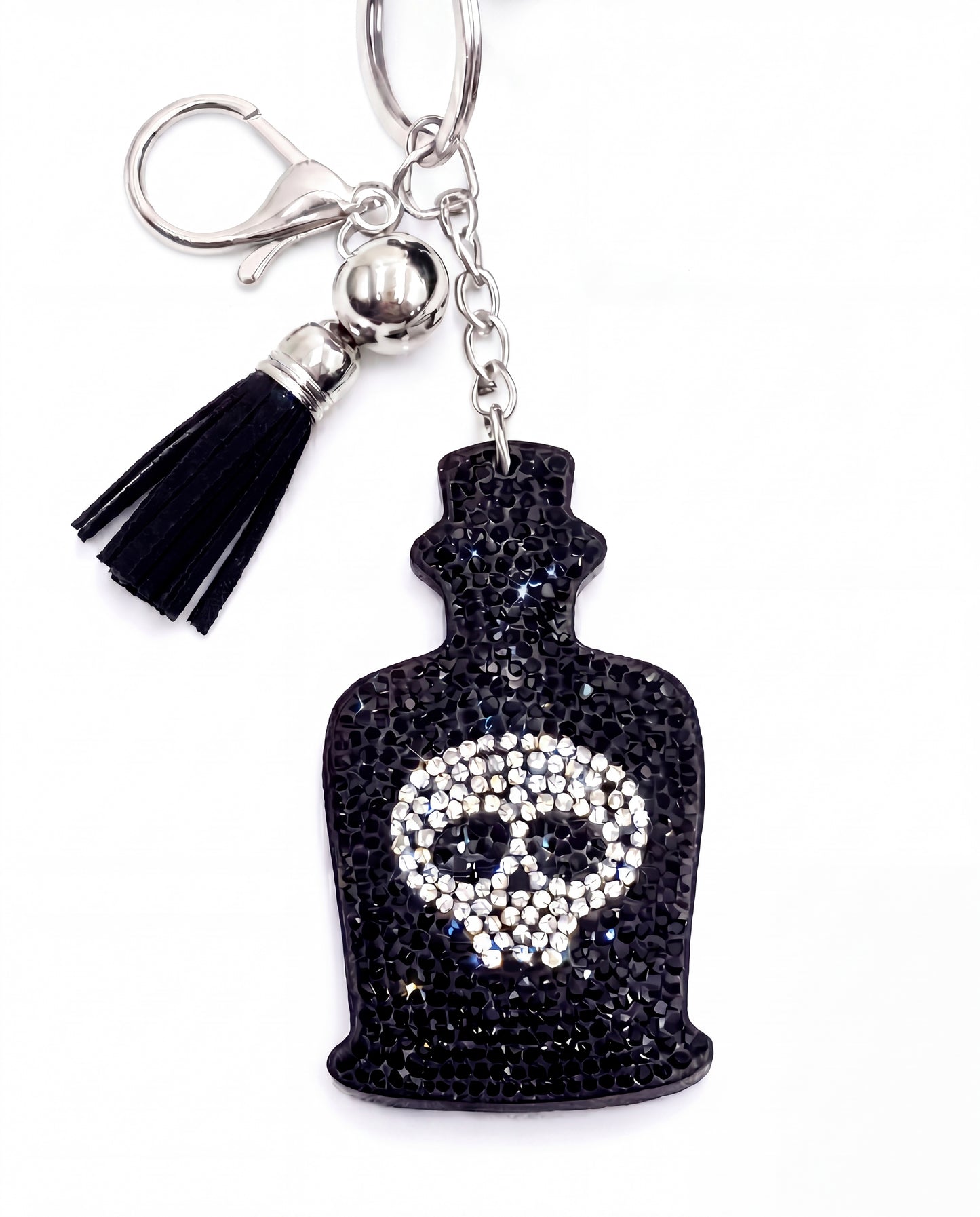 SUPERVALUECHOICE HCSESA00033 Sparkly Black Skull Bottle Rhinestone Keychain & Brooch