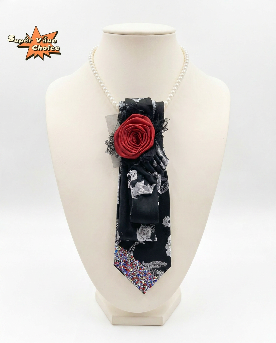 SUPERVALUECHOICE HCSEZA00033 Black Floral Print Necktie with Red Rose Brooch