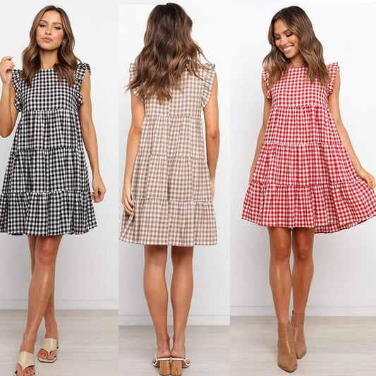 SVCD000099 Summer fashion party sweet fresh sweet women's round neck ruffled skirt plaid A-line dress