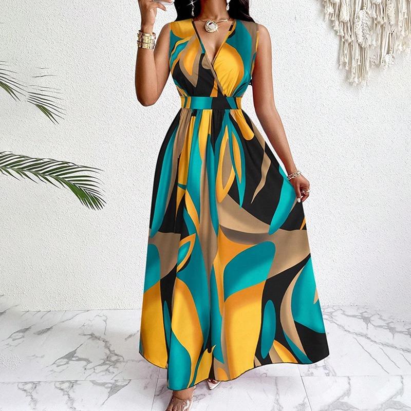 SVCD000083 Elegant, fashionable and sexy printed sleeveless V-neck dress for women