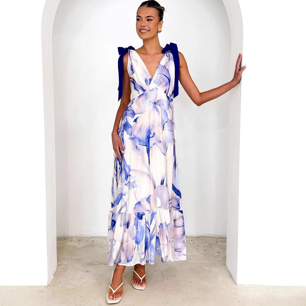 SVCD000123 Summer fashion women's long V-neck sleeveless Bohemian-style dress