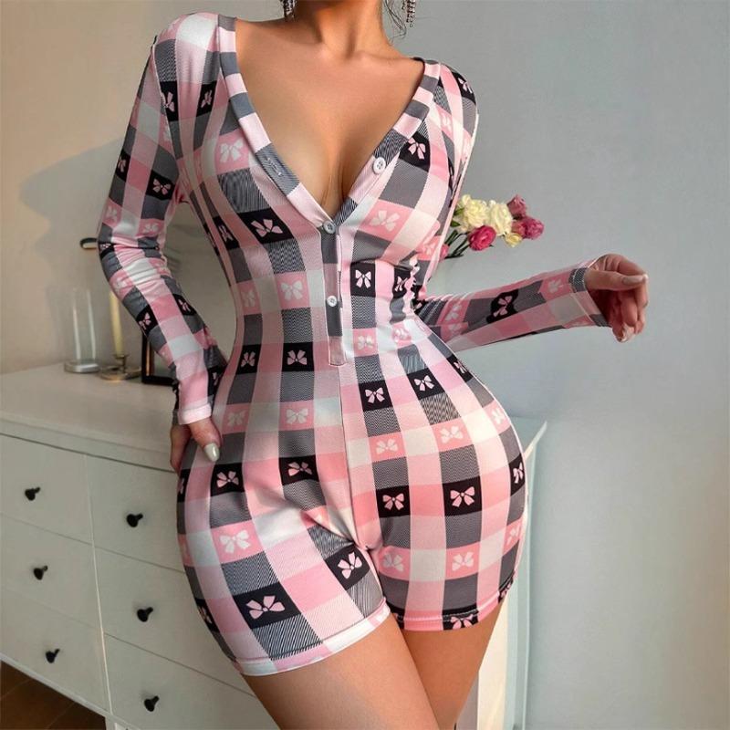 SVCP000095 Tight deep V-neck bow check print long-sleeved one-piece pajamas