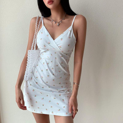 SVCD000066 Retro printed V-neck halter dress, floral halter dress for women's wear