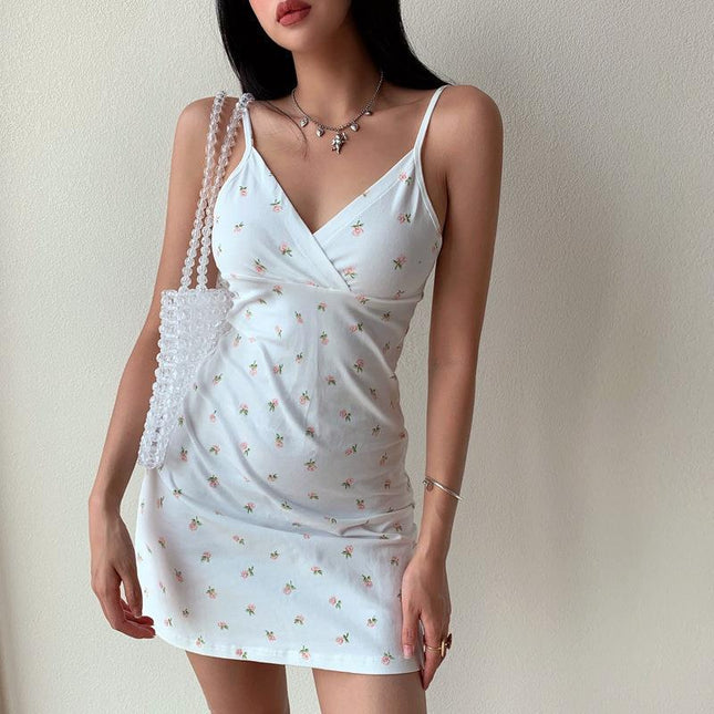SVCD000066 Retro printed V-neck halter dress, floral halter dress for women's wear