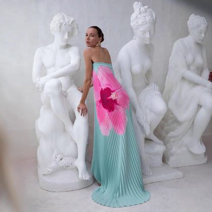 SVCD000009 Summer women's dress with pleated positioning print and a strapless big swing