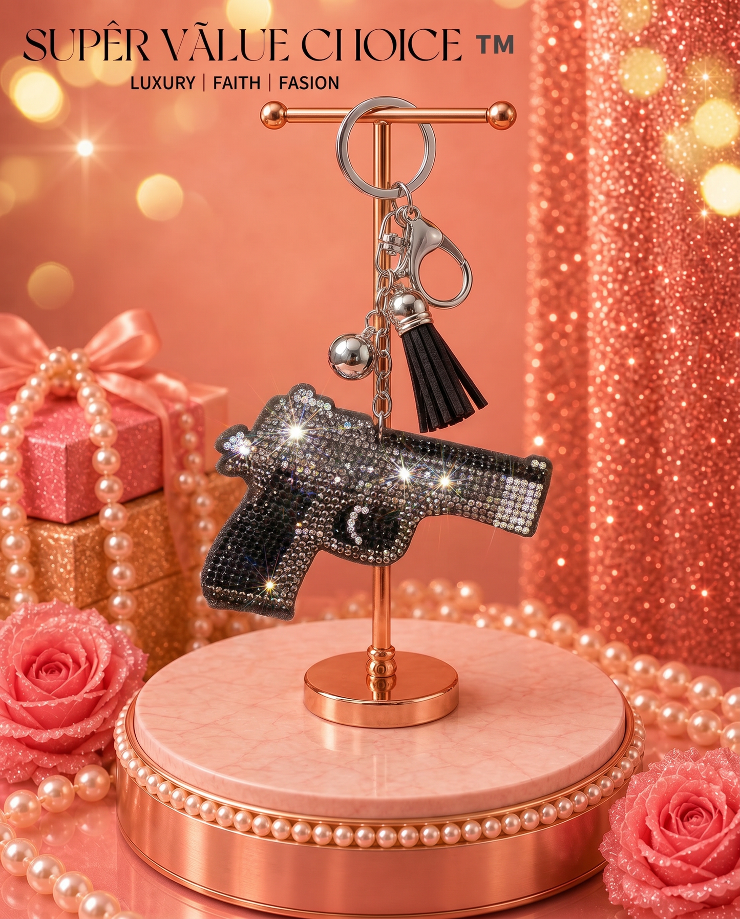 SUPERVALUECHOICE HCSESA00042 Rhinestone Gun Keychain & Brooch Sparkly Accessory