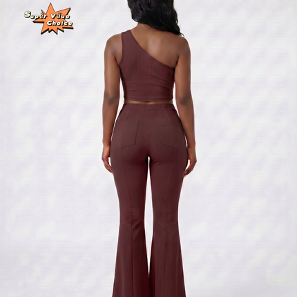 SUPERVALUECHOICE HCSEBB00001 One-Shoulder Crop Top & Flare Pants Two-Piece Set
