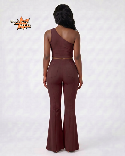 SUPERVALUECHOICE HCSEBB00001 One-Shoulder Crop Top & Flare Pants Two-Piece Set