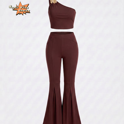 SUPERVALUECHOICE HCSEBB00001 One-Shoulder Crop Top & Flare Pants Two-Piece Set