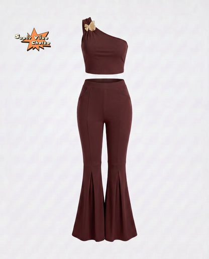 SUPERVALUECHOICE HCSEBB00001 One-Shoulder Crop Top & Flare Pants Two-Piece Set