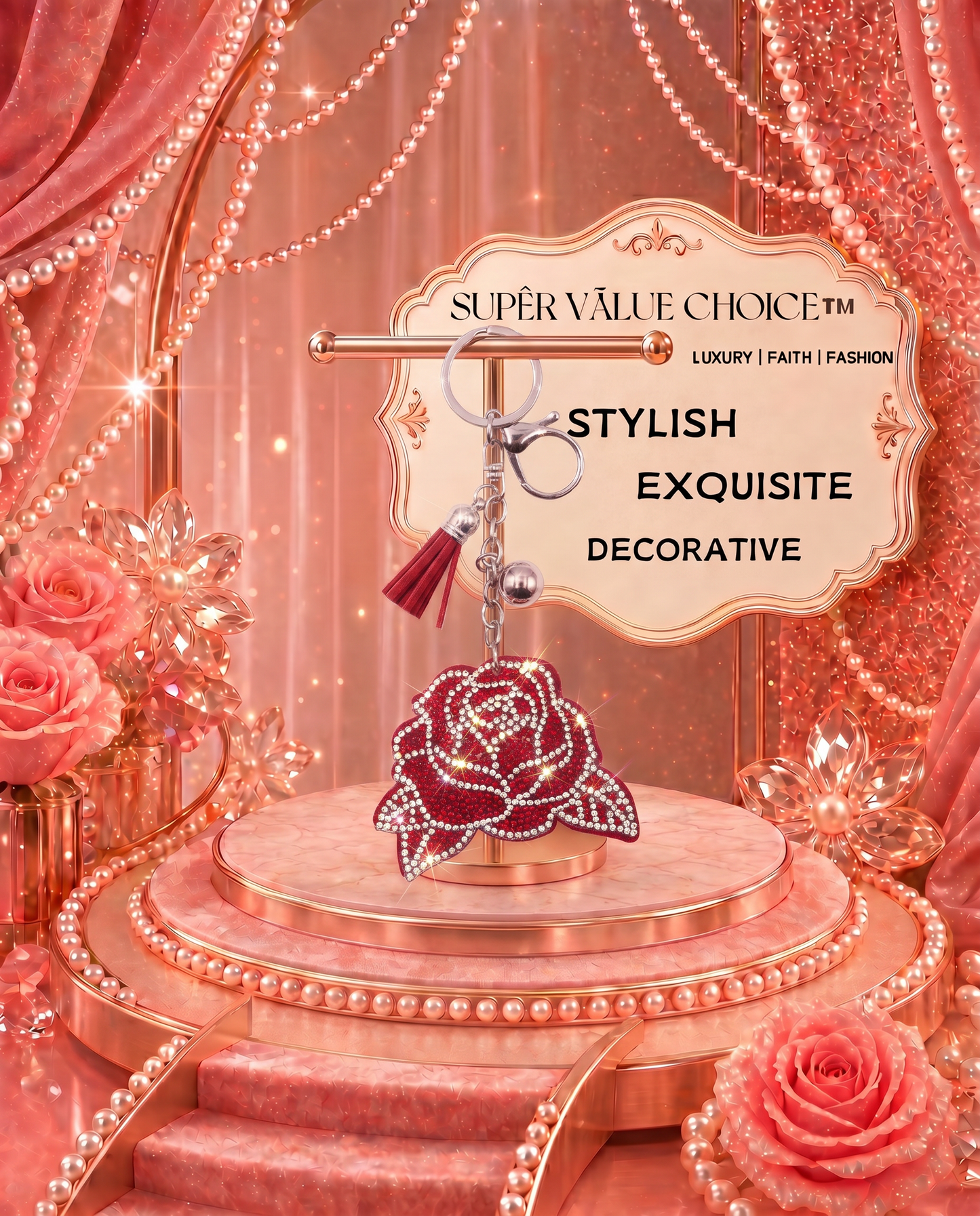 SUPERVALUECHOICE HCSESA00038 Sparkly Rhinestone Rose Keychain & Brooch